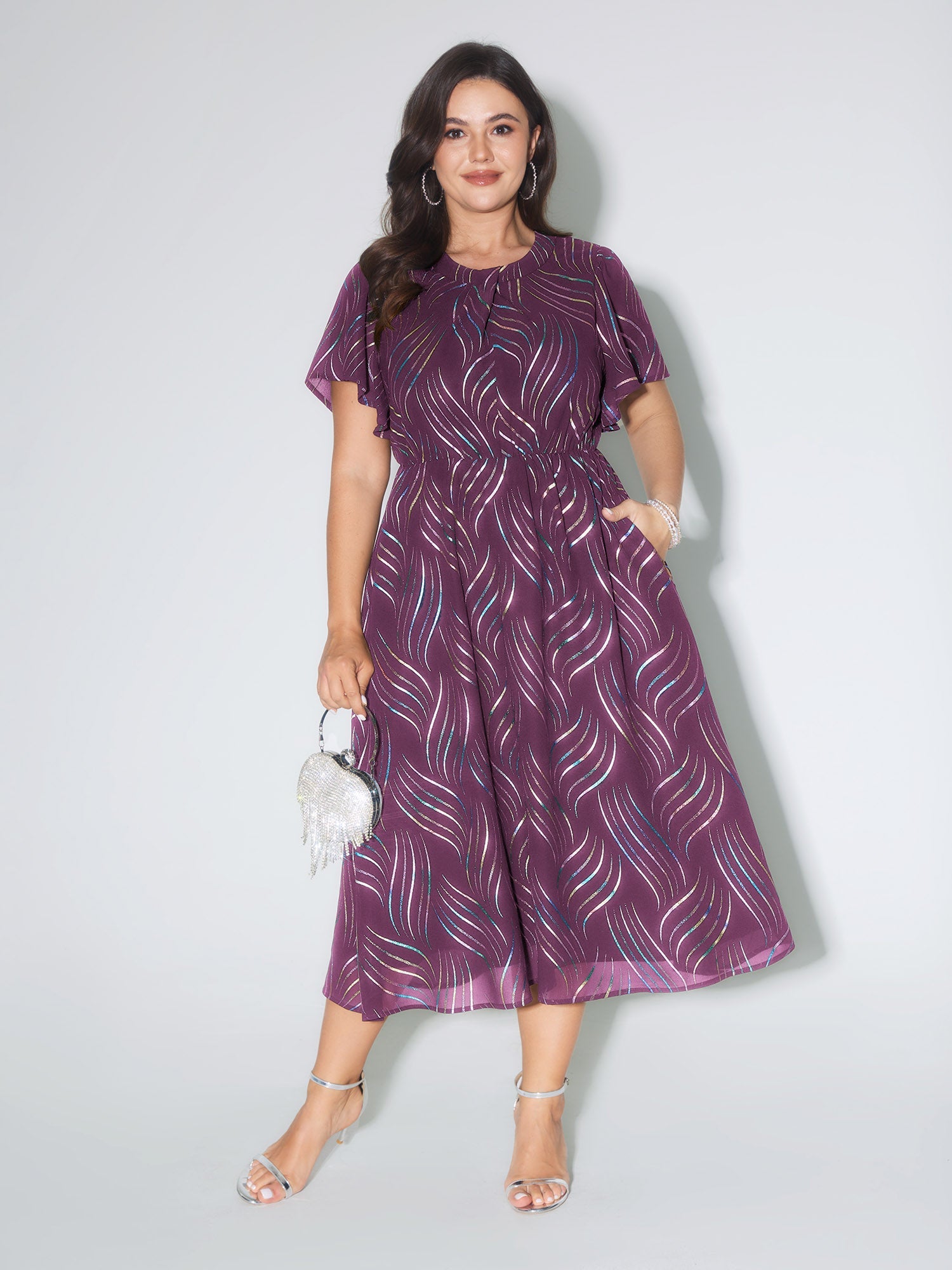 Abstract Print Twisted Neckline Midi Dress