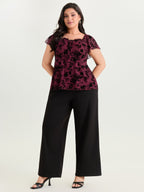 Flocked Floral Drawstring Neckline Knit Top