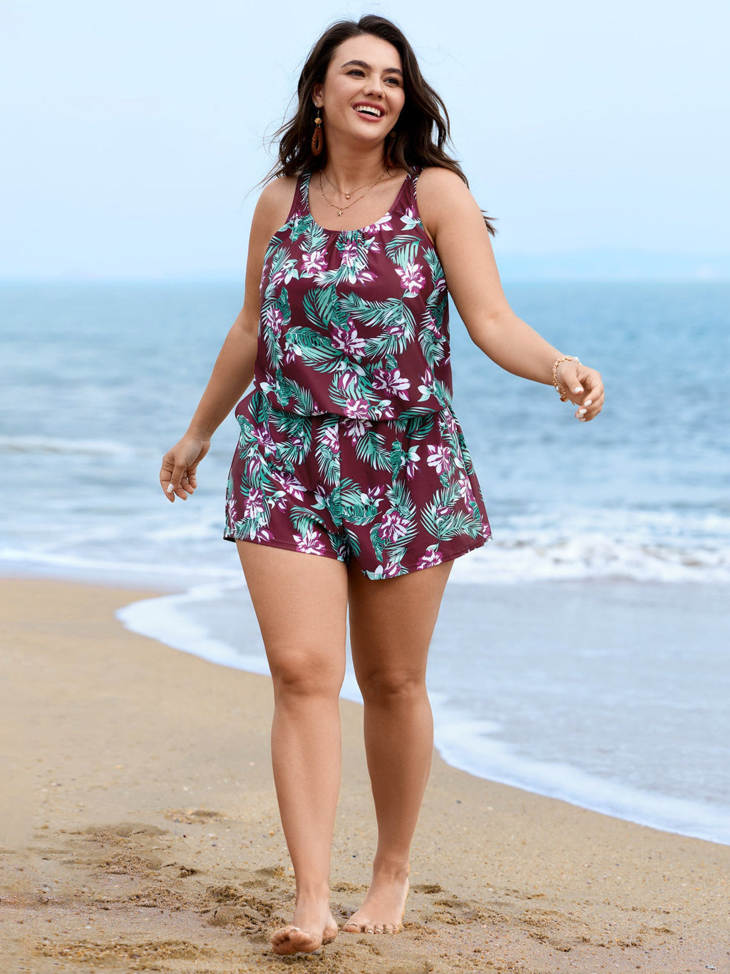 Tropical Flower Print Pockets One-Piece Swimsuit