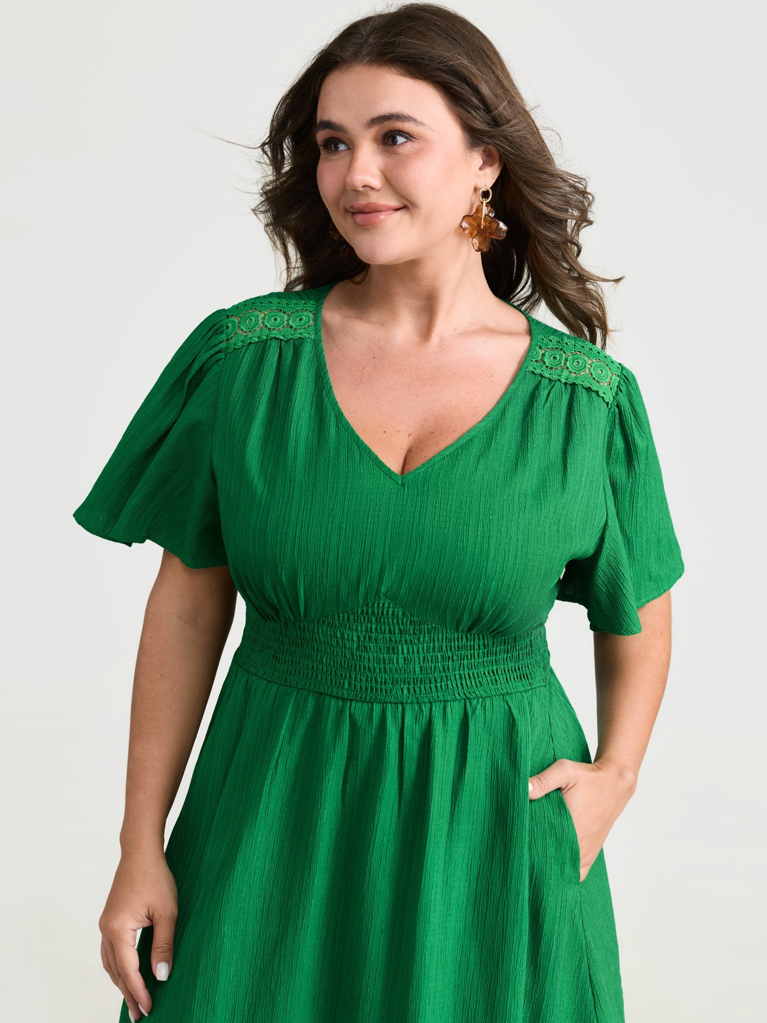 Lace Cut-Out Shirred Solid Maxi Dress