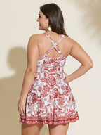 Boho Print Ruched Pockets Swim Dress