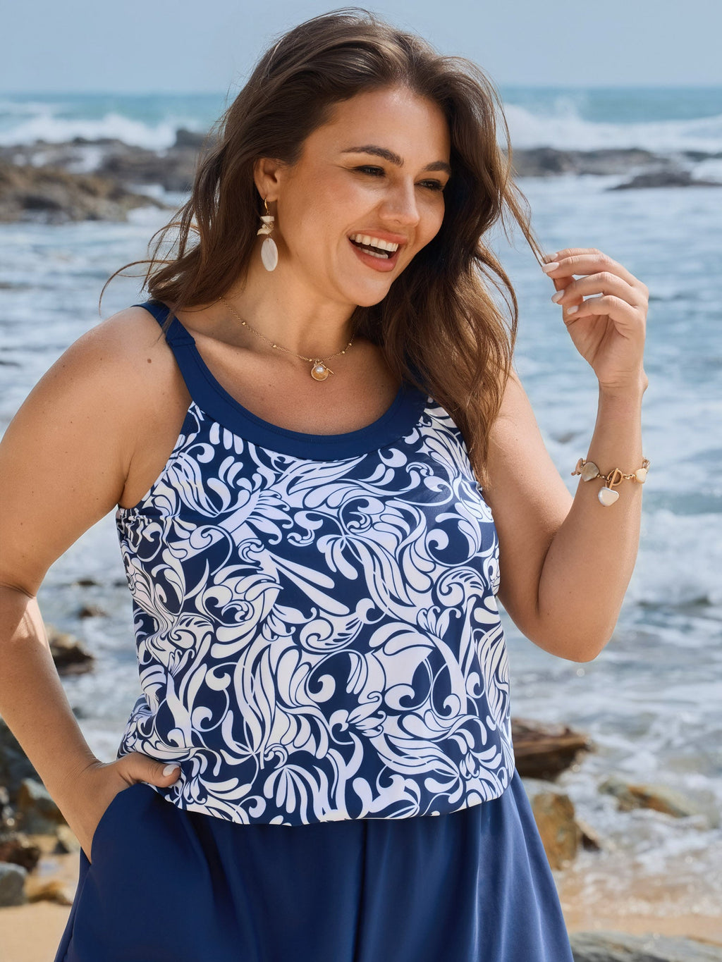 Geometric Print Spliced Pockets Swim Romper