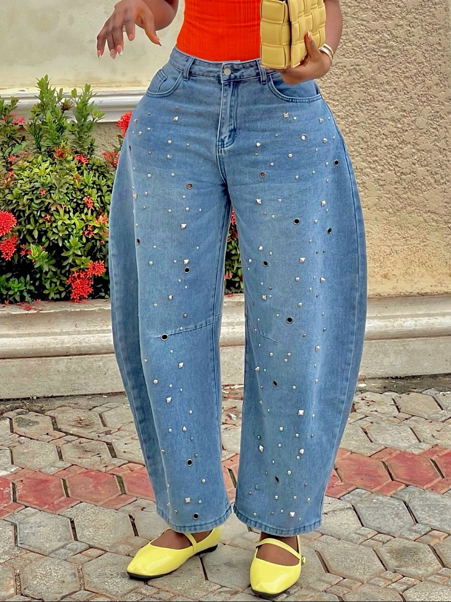 Fashion Studded Cocoon Loose Fit Jeans