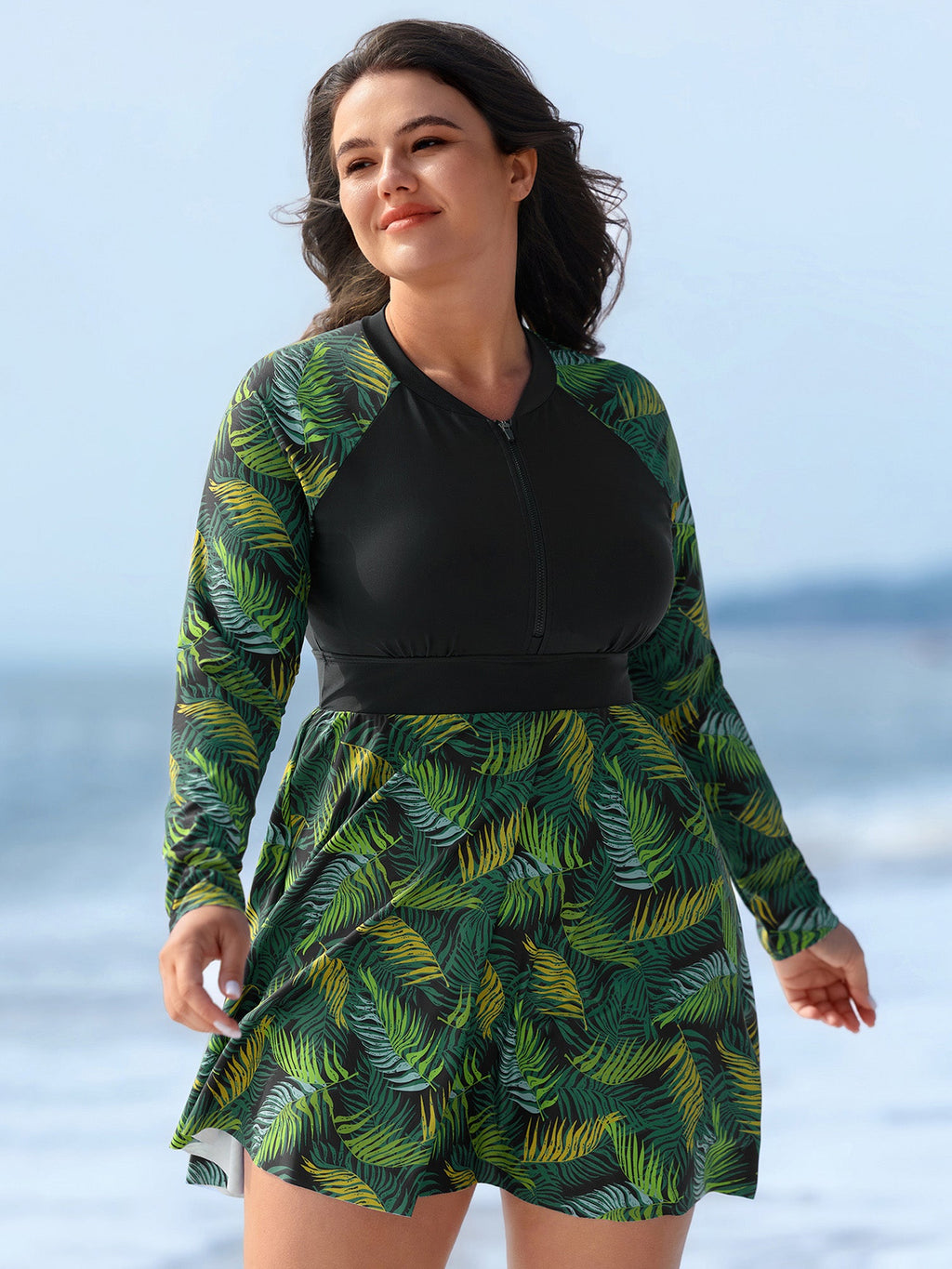 Tropical Plant Colorblock Pocket Swim Dress