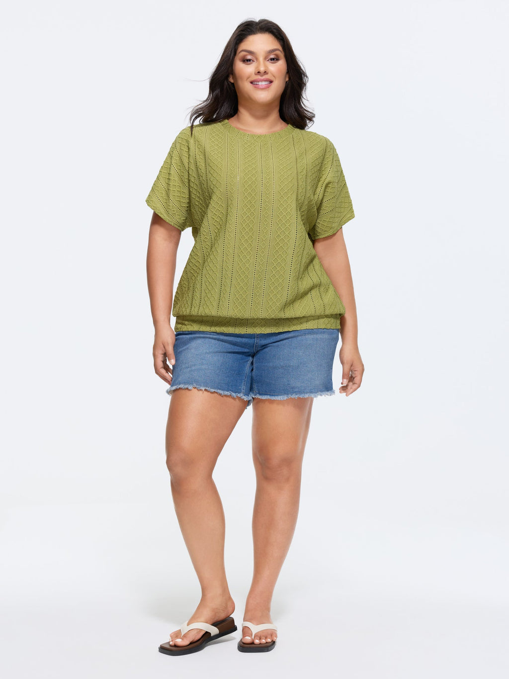 Eyelet Trim Stretchy Textured Plain Top