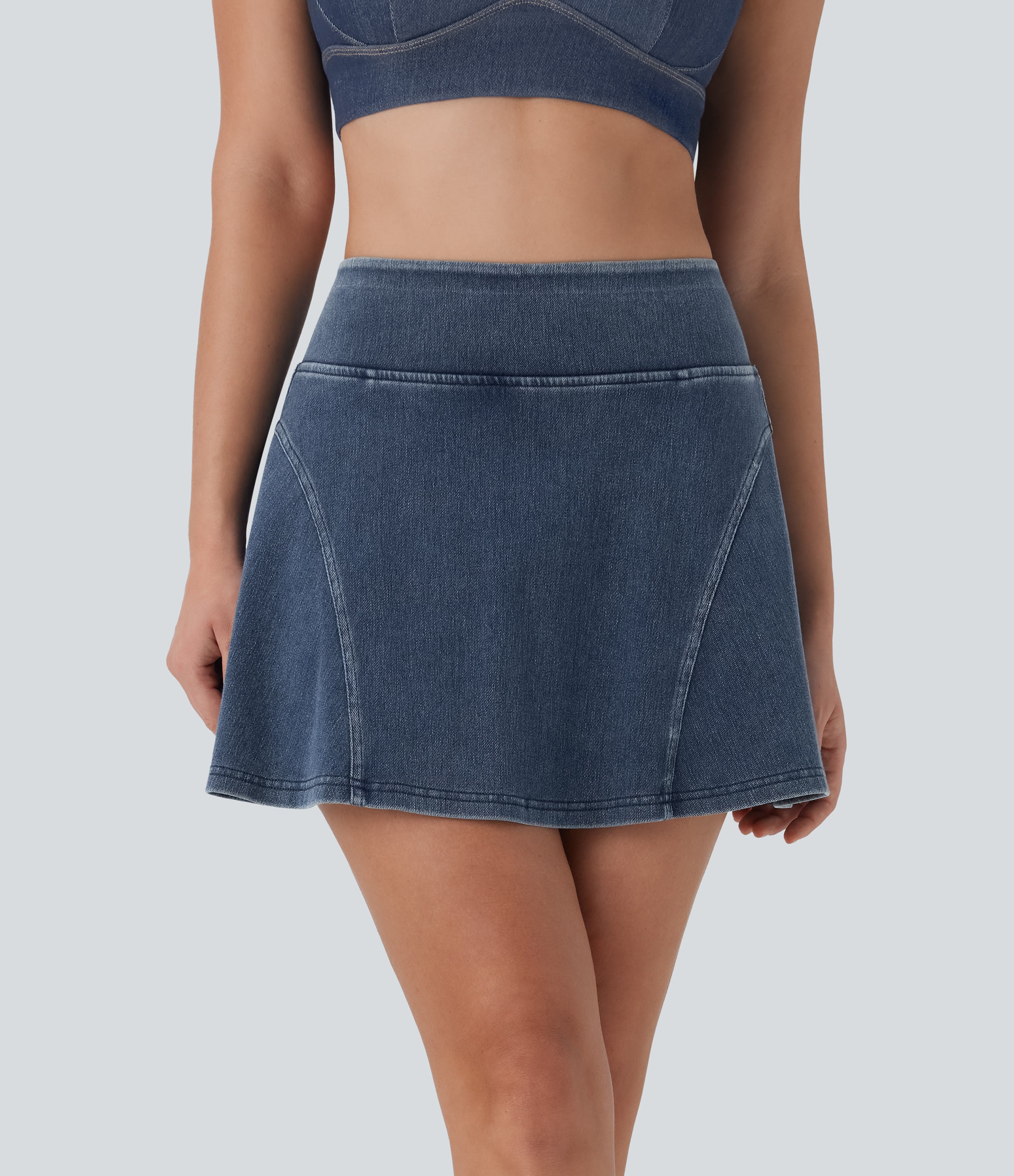 FlexTM High Waisted 2-in-1 A Line Mini Washed Denim Casual Skirt with Pockets