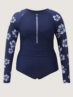 Floral Zipper Color Contrast One Piece Swimsuit