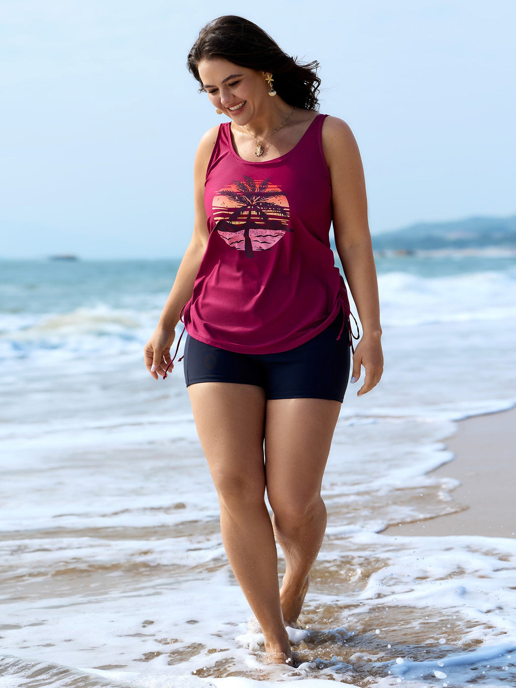 Island Print Drawstring Adjustable Swim Top