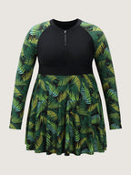 Tropical Plant Colorblock Pocket Swim Dress