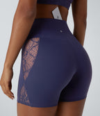 SoftlyZeroTM High Waisted Crossover Contrast Lace Built-in Underwear Yoga Biker Shorts 5'' with Pocket-UPF50+