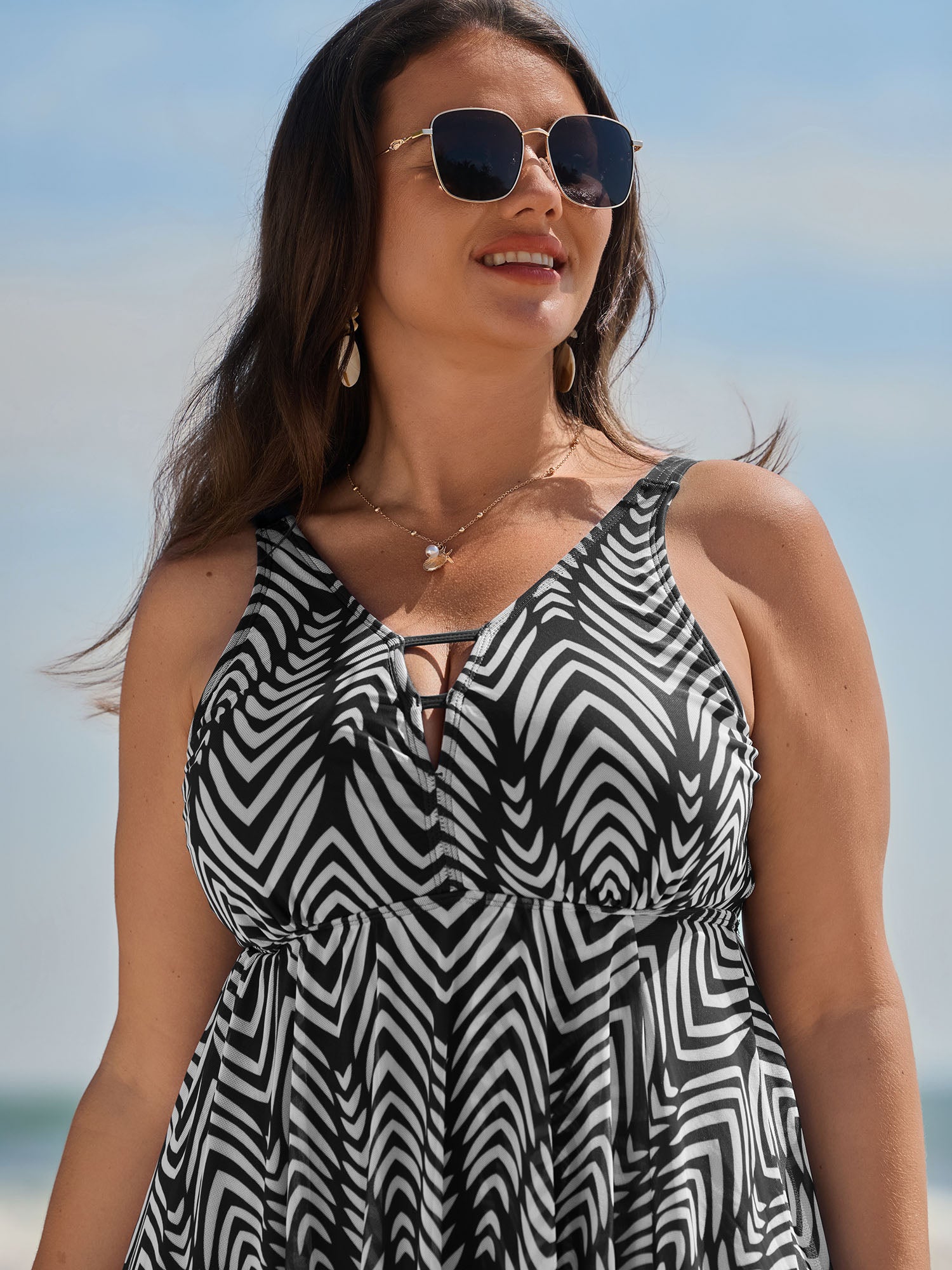 Chevron Print Flowy V-Neck Pocket Swim Dress