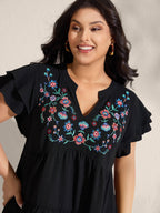 Embroidered Neckline A-Line Ruffled Knee-Length Dress