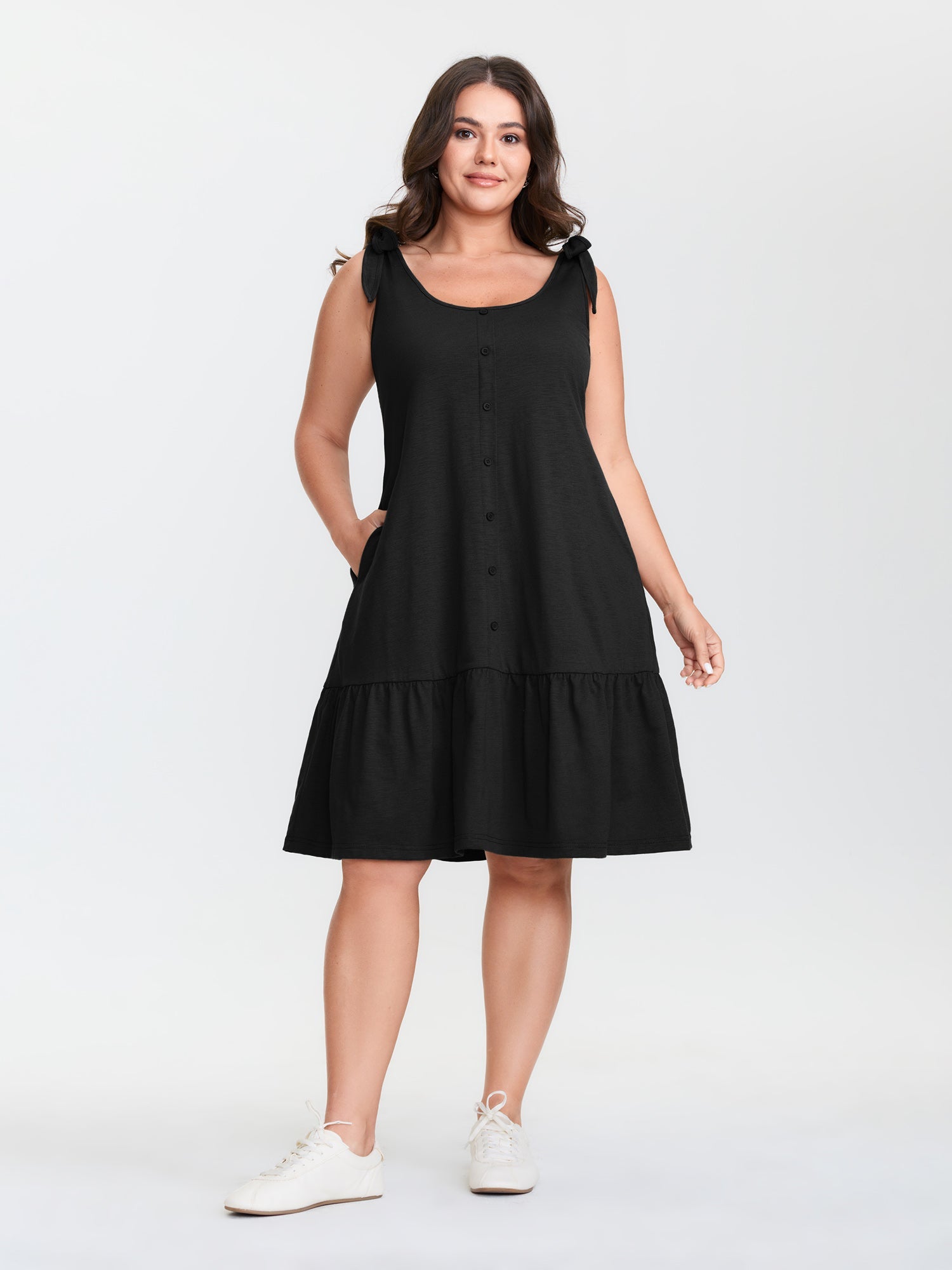 Ruffle Hem Tie Shoulder Pockets Sleeveless Dress