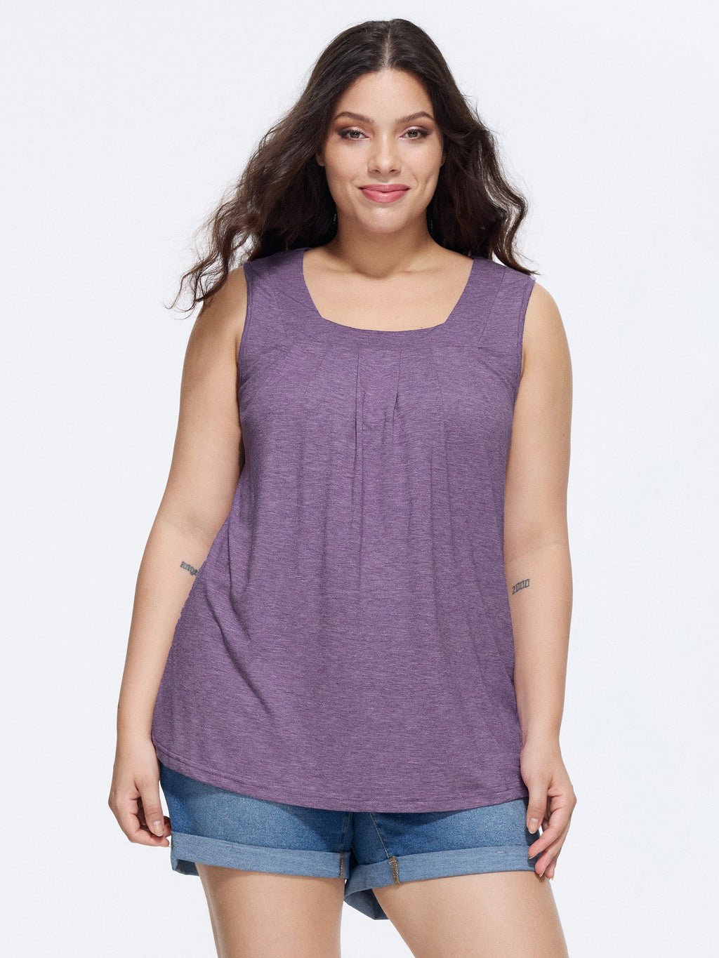 Heather Plicated Detail Square Neck Tank Top