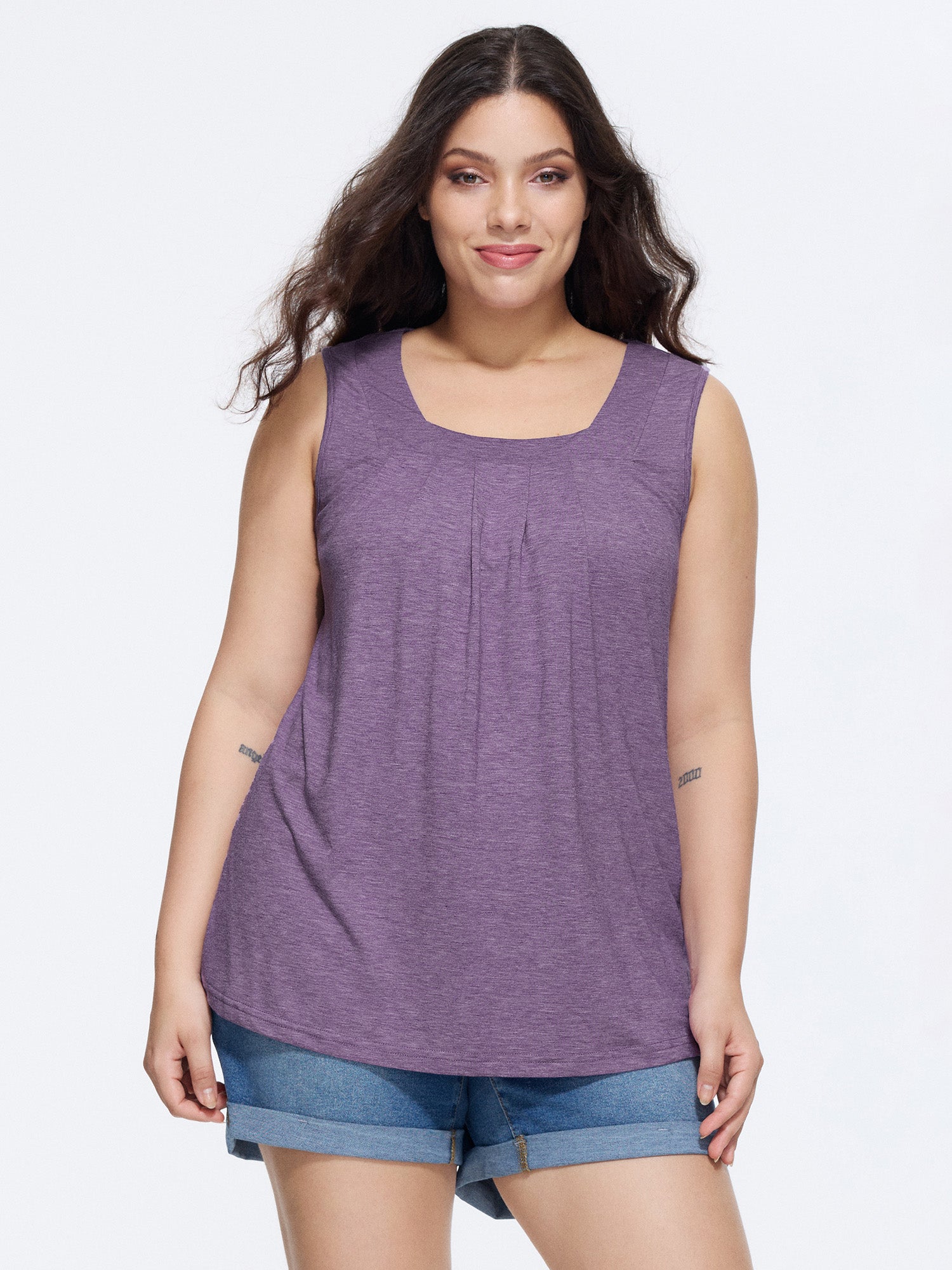 Heather Plicated Detail Square Neck Tank Top