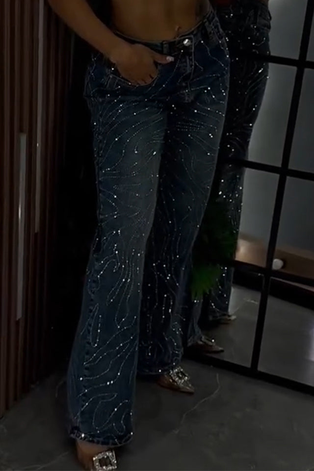 Women Rhinestone Washed Casual Jeans