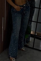 Women Rhinestone Washed Casual Jeans