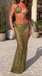 Women's Spring/Summer Sexy Hollow See-through Sequin Bikini Long Skirt Set