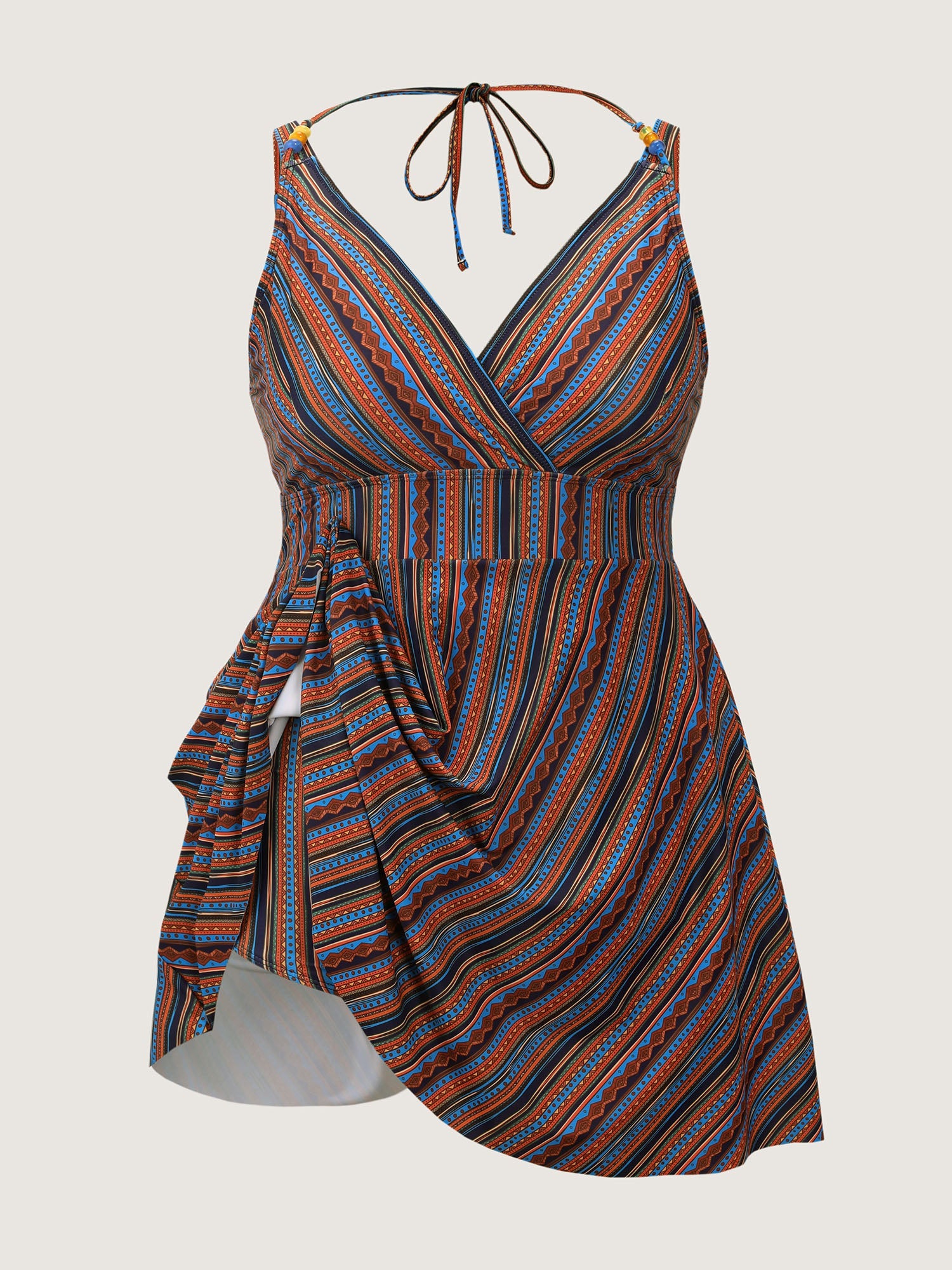 Anti-Float Ties Stripe Print Swim Dress