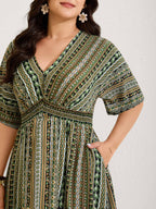 Striped Contrast Dolman Sleeve Shirred Pocket Split Flutter Dress
