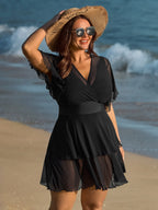 Sheer Ruffled Sleeve Layered Swim Dress
