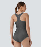 FlexTM Square Neck Racerback Cool Touch Washed Denim Tennis Bodysuit