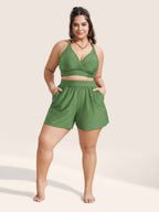 High Waisted Pockets Solid Pleated Swim Shorts