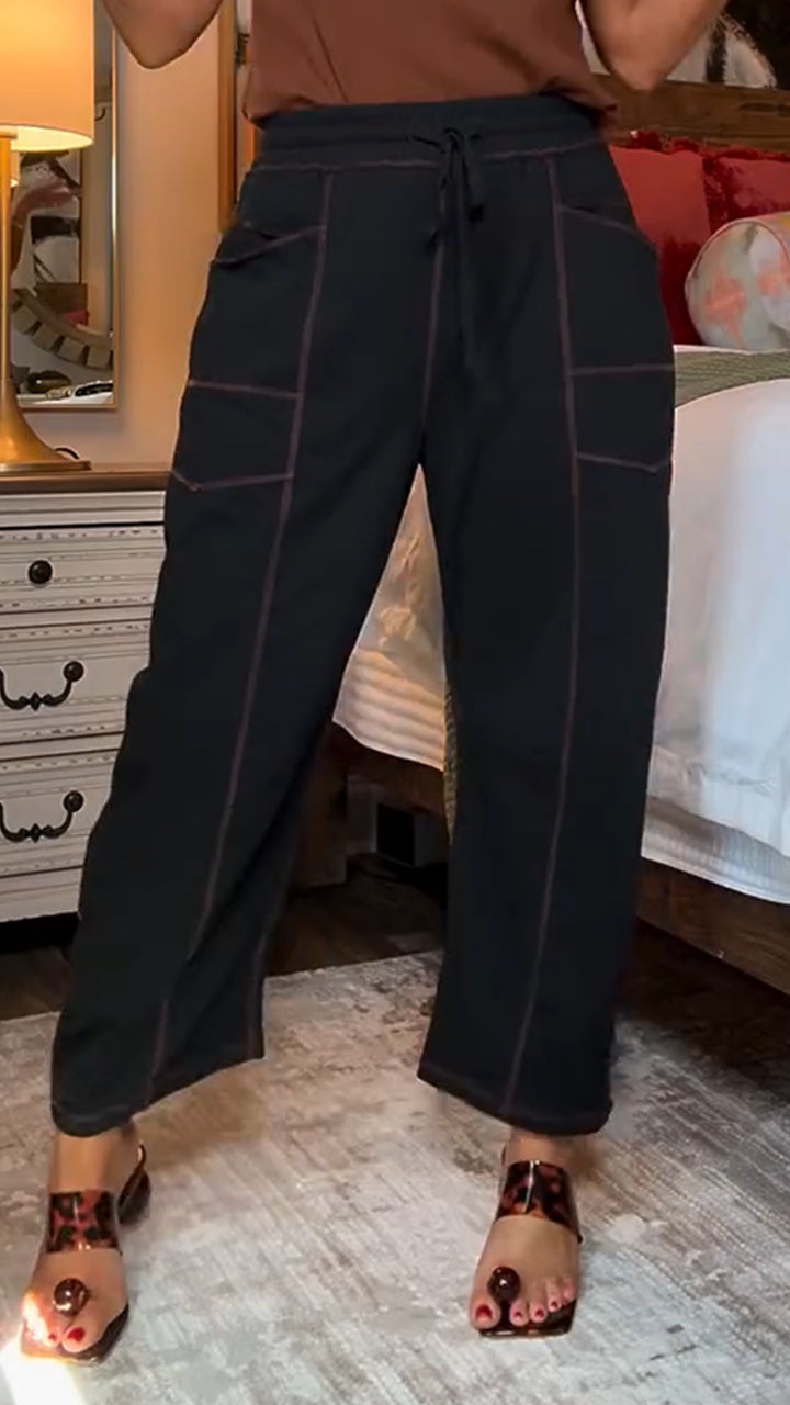 Ladies Spliced Vertical Drawstring Casual Pants