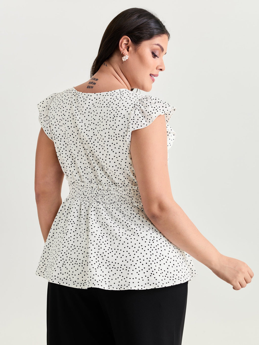 Polka Dots Shirred Ruffled Sleeve Blouse