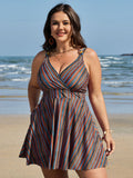 Anti-Float Ties Stripe Print Swim Dress