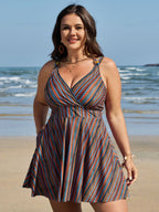 Anti-Float Ties Stripe Print Swim Dress