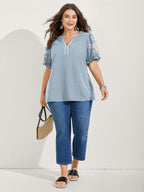 Notched Collar Embroidered Ruffled Blouse