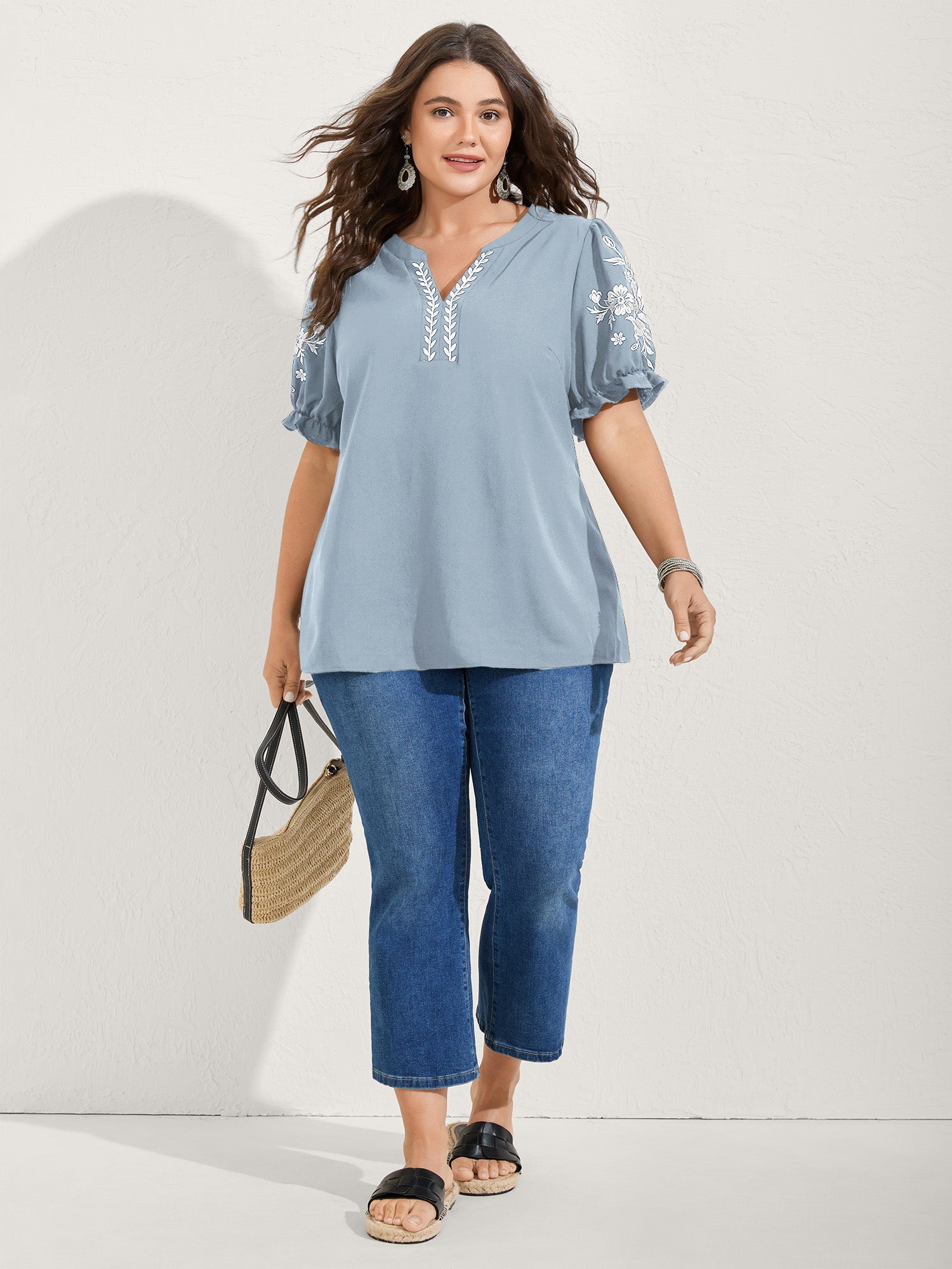 Notched Collar Embroidered Ruffled Blouse