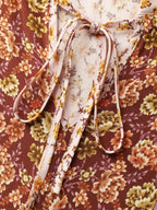 Micro Floral Print Drawstring Neckline Contrast Blouse