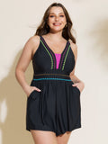 Color Contrast Embroidered One-Piece Swim