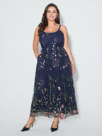 U Neck Floral Embroidered Mesh Cami Dress