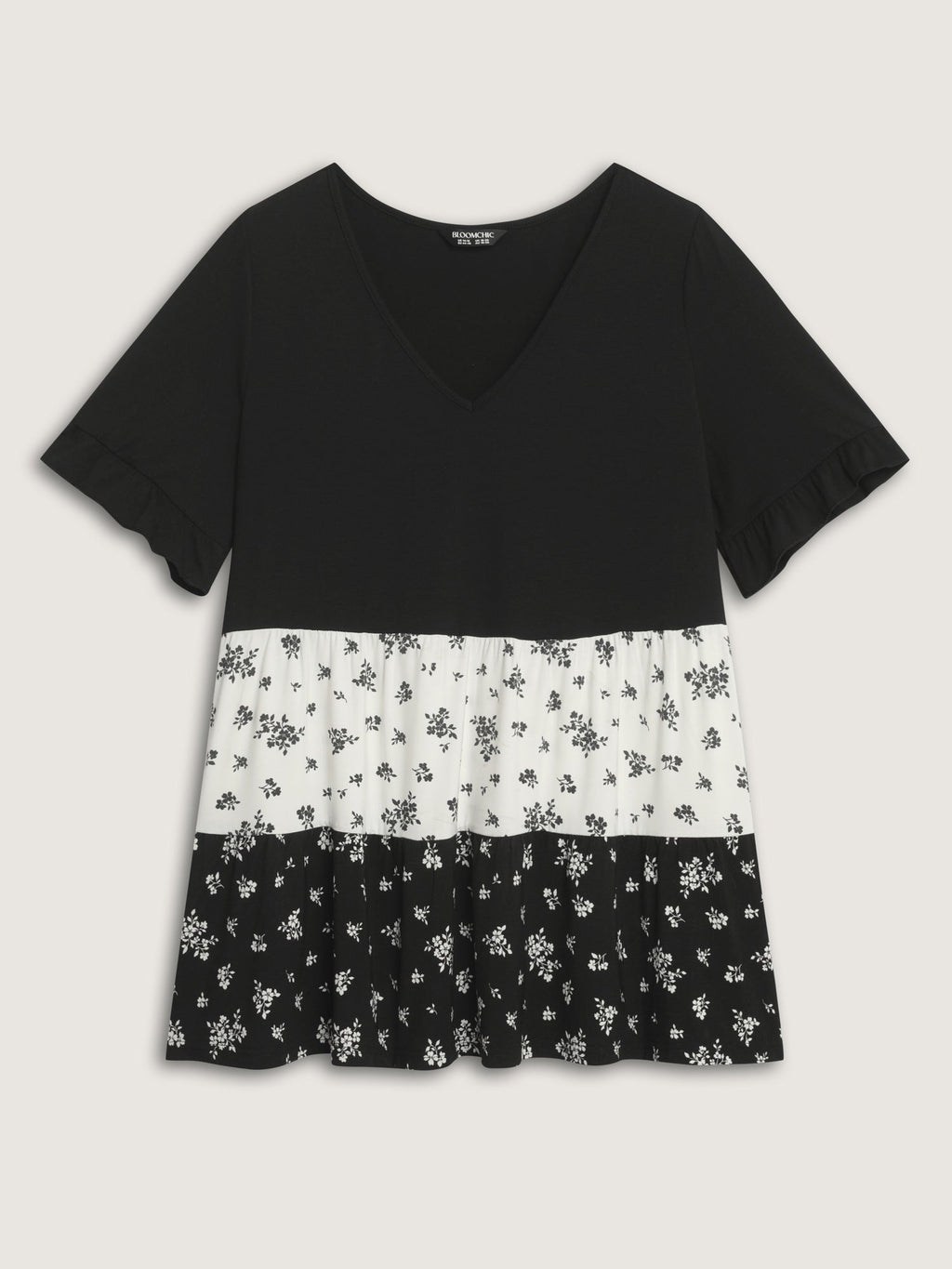 Color Contrast Floral Print Tiered Top