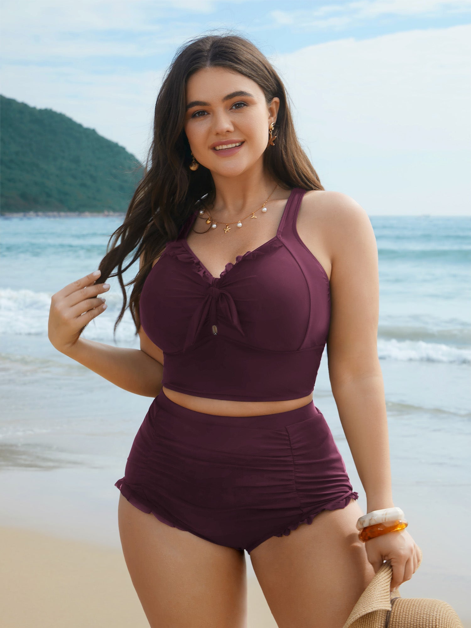 Bust Knot-Tie Ruffle Trim Supportive Bikini Top