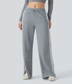 Low Rise Drawstring Color Block Snap Waffle Casual Wide Leg Pants with Pockets