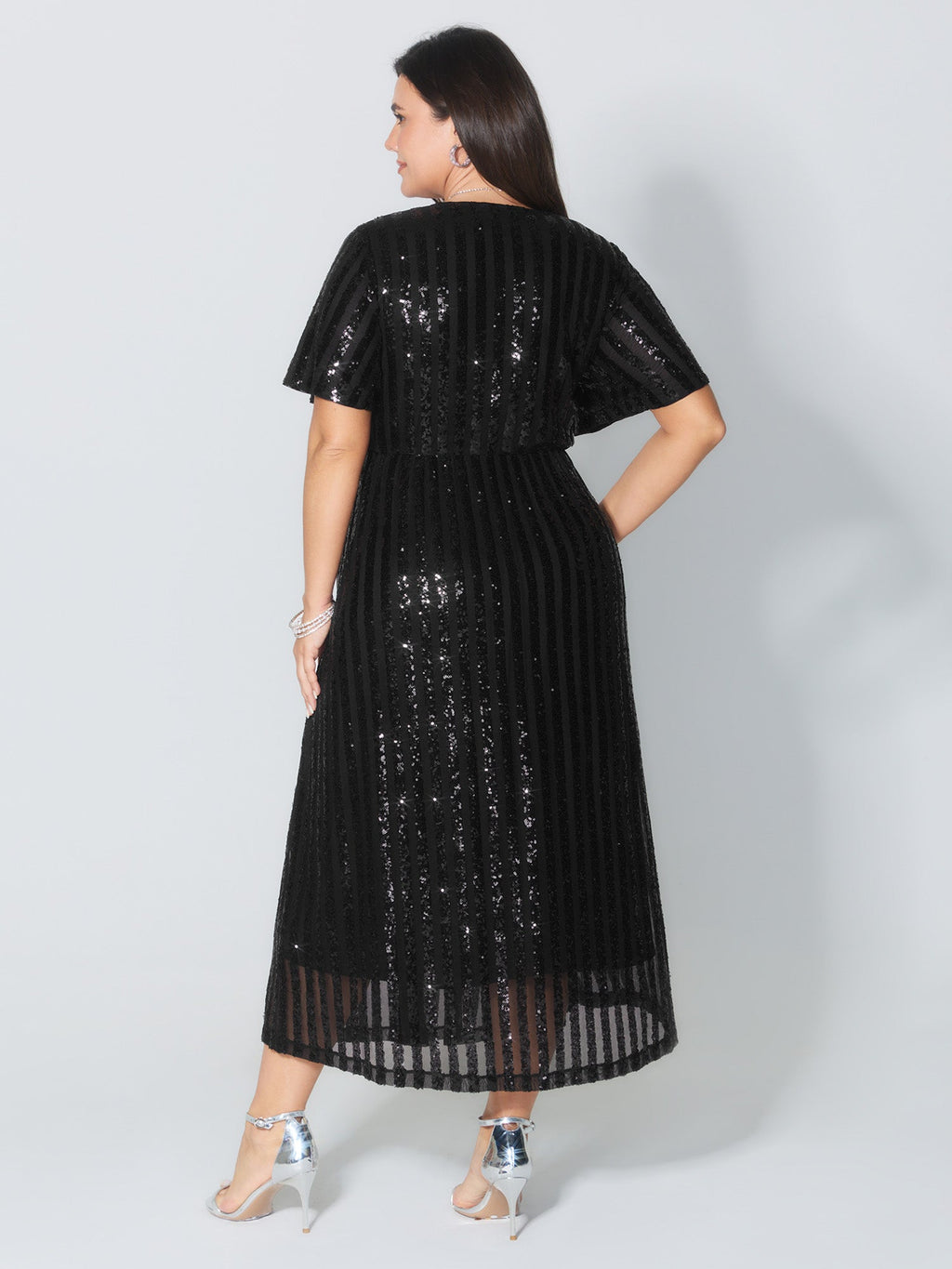 Shimmery Sequin V-Neck Midi Dress
