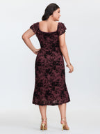 Floral Flocked Mesh Ruched Drawstring Midi Dress
