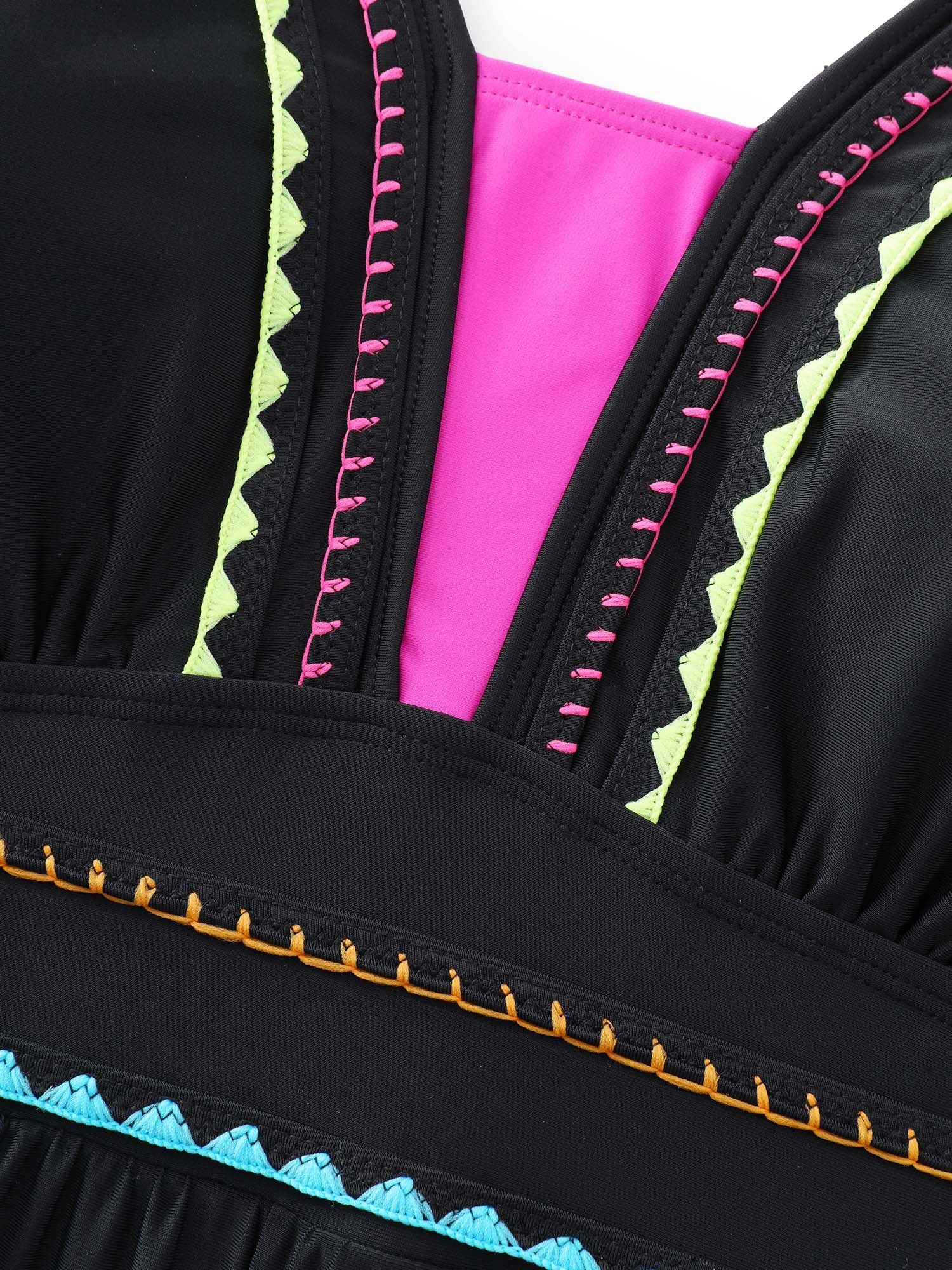 Color Contrast Embroidered One-Piece Swim