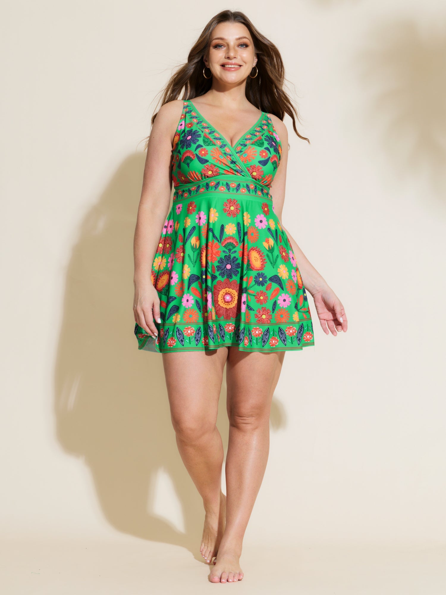 Floral Surplice Neckline Pockets Swim Dress