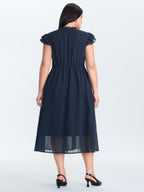 Textured Sheer Ruffled Mock Neckline Midi Dress