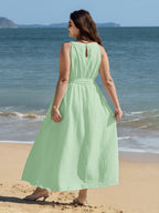 Cotton Sheer Lace Neckline Waist-Tie Maxi Dress