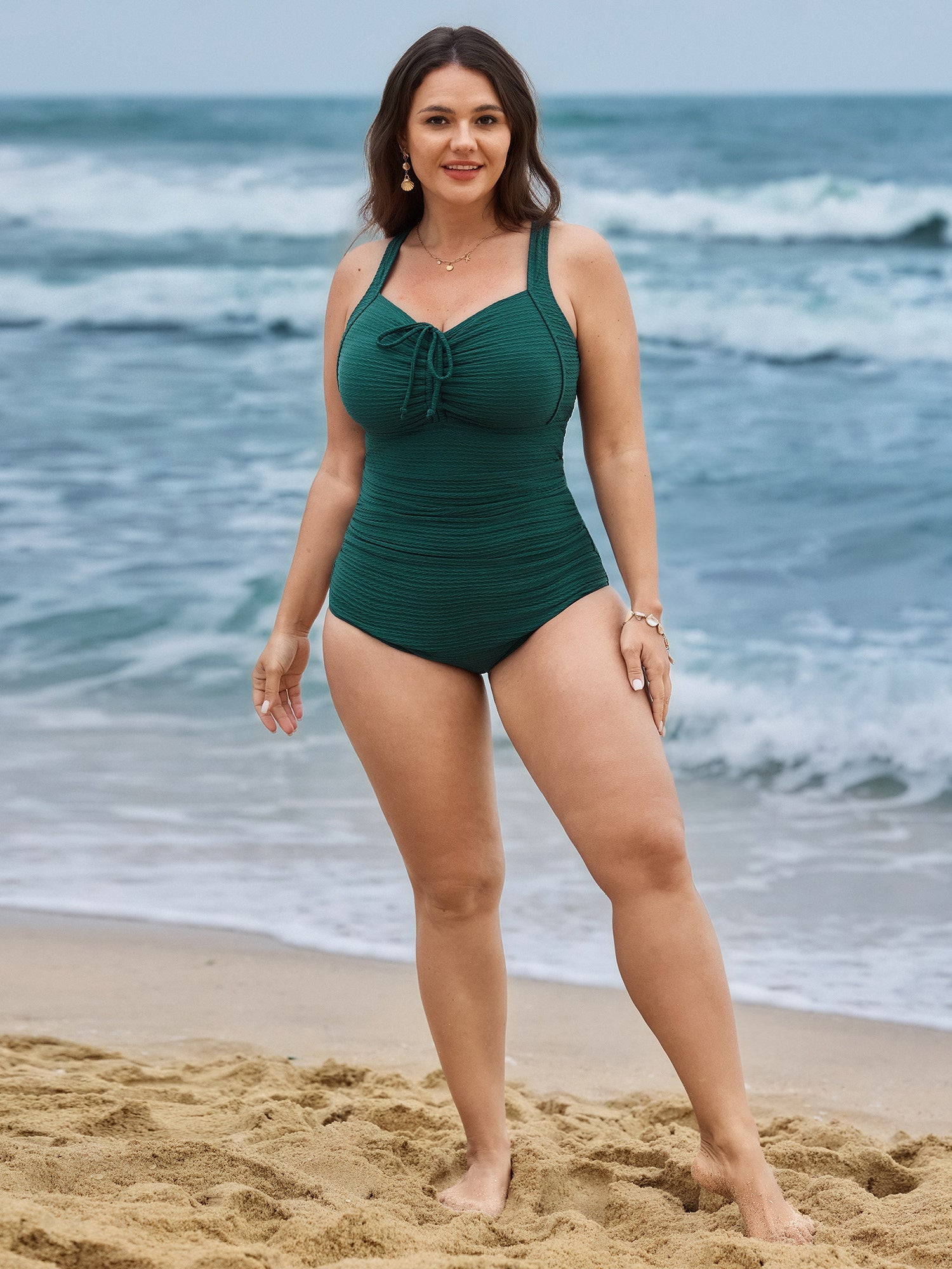 Ruched Drawstring Front Shirred One-Piece Swimsuit