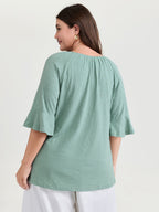 Ruffled Sleeve Shirred Neckline Plain Top