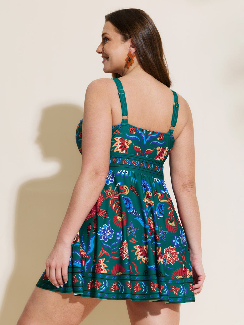 Floral Surplice Neckline Pockets Swim Dress
