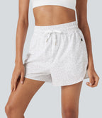High Waisted Drawstring Curved Hem Leopard Print 2-in-1 Workout Shorts with Pockets