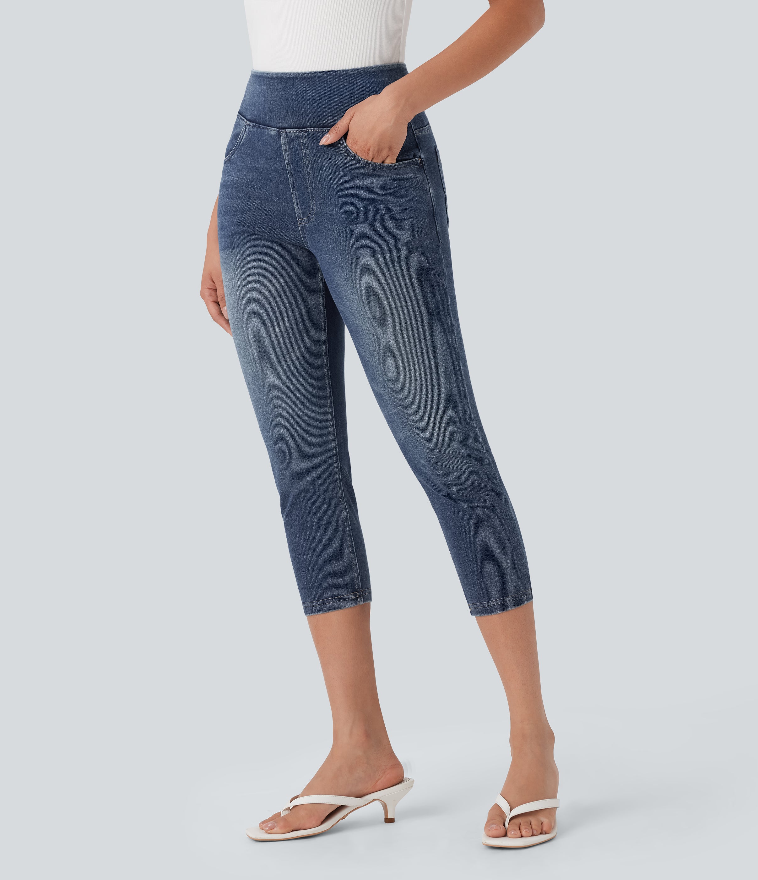 FlexTM High-Waisted Denim Casual Capri Leggings with Pockets